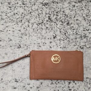 Michael Kors Brown Leather Wristlet Clutch with Gold Logo